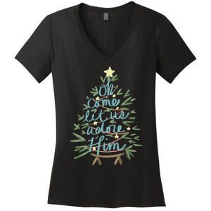 Oh Come Let Us Adore Him Christian Jesus Christmas Pajamas Women's V-Neck T-Shirt