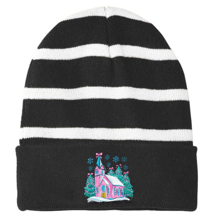 Oh Come Let Us Adore Him Jesus Christmas Christian Coquette Striped Beanie with Solid Band