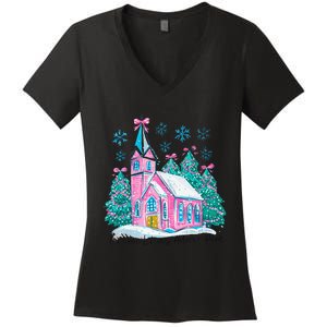 Oh Come Let Us Adore Him Jesus Christmas Christian Coquette Women's V-Neck T-Shirt