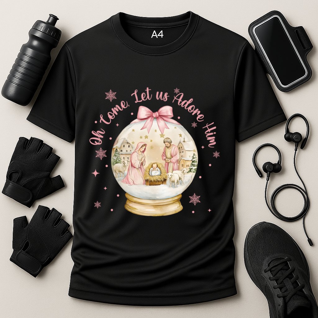 Oh Come Let Us Adore Him Jesus Nativity Scene Coquette Bow Gift Cooling Performance Crew T-Shirt