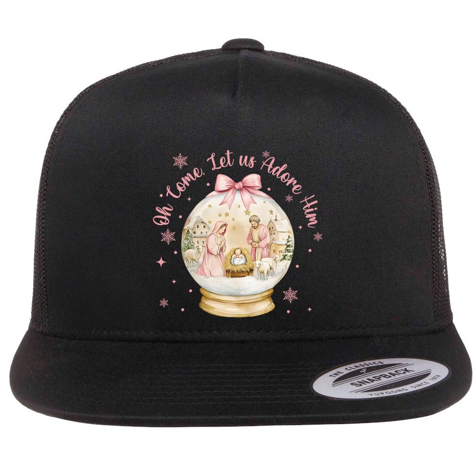 Oh Come Let Us Adore Him Jesus Nativity Scene Coquette Bow Gift Flat Bill Trucker Hat
