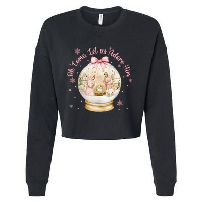 Oh Come Let Us Adore Him Jesus Nativity Scene Coquette Bow Gift Cropped Pullover Crew