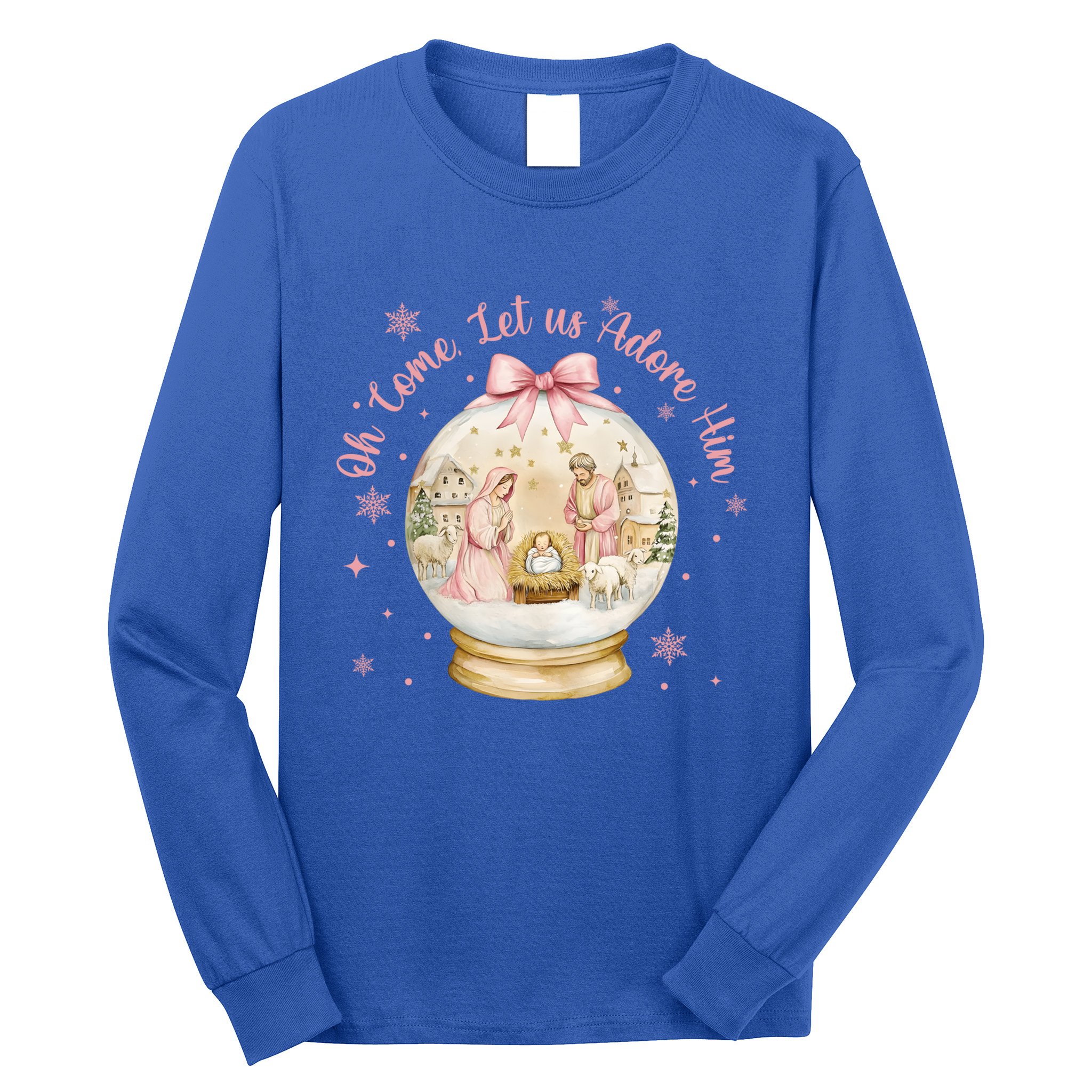 Oh Come Let Us Adore Him Jesus Nativity Scene Coquette Bow Gift Long Sleeve Shirt