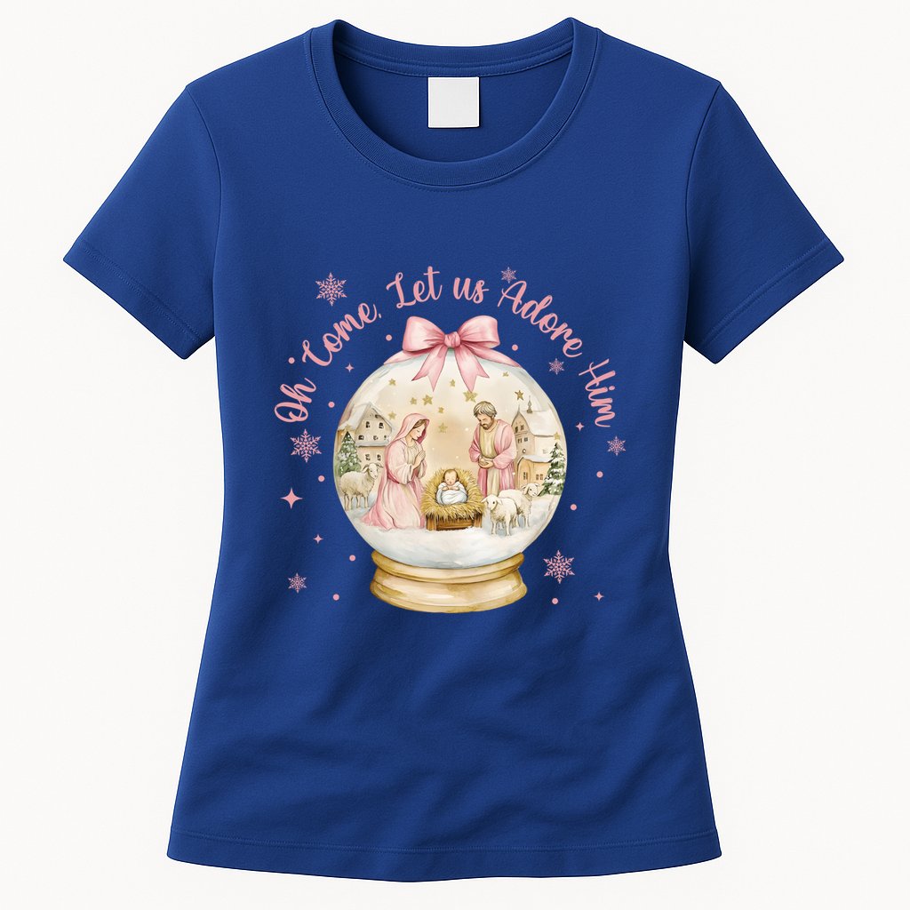 Oh Come Let Us Adore Him Jesus Nativity Scene Coquette Bow Gift Womens T-Shirt