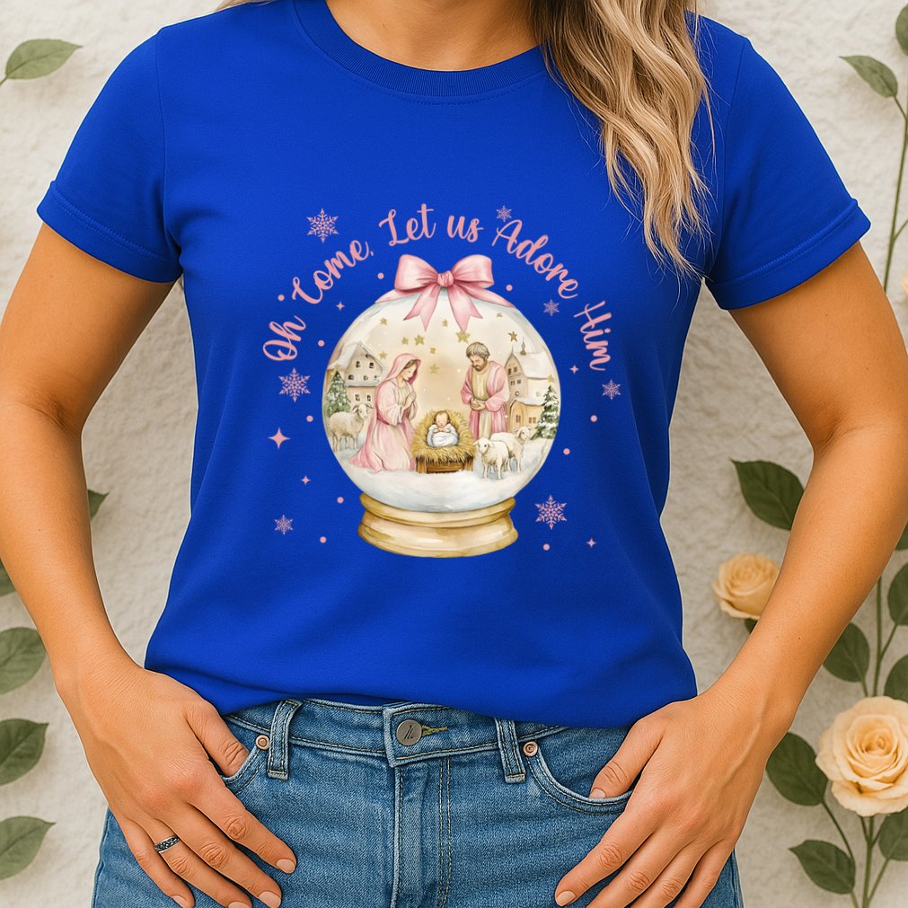 Oh Come Let Us Adore Him Jesus Nativity Scene Coquette Bow Gift Womens T-Shirt
