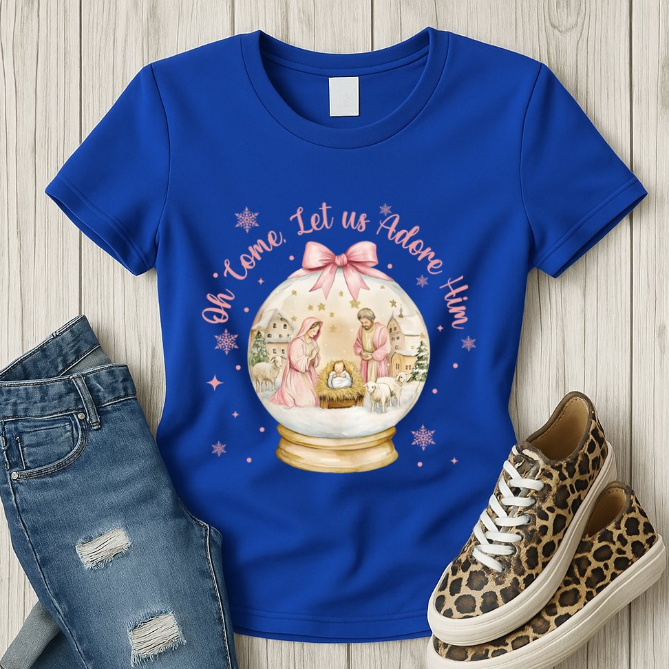 Oh Come Let Us Adore Him Jesus Nativity Scene Coquette Bow Gift Womens T-Shirt