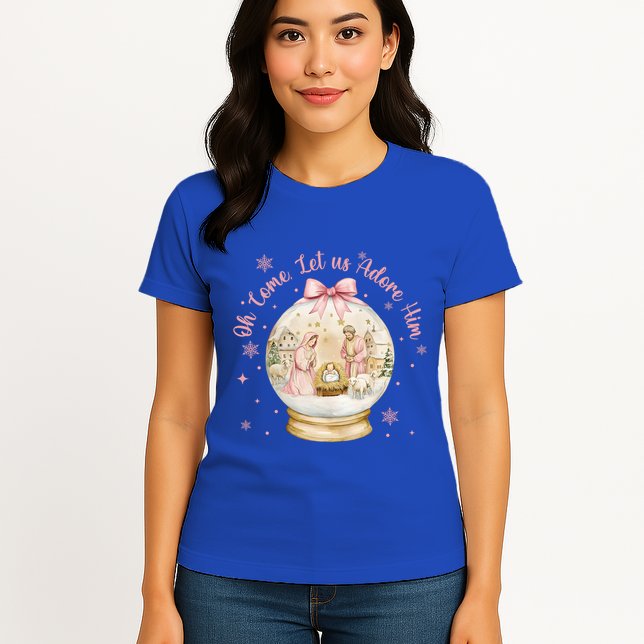 Oh Come Let Us Adore Him Jesus Nativity Scene Coquette Bow Gift Womens T-Shirt