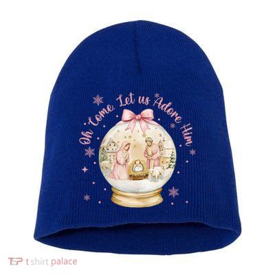 Oh Come Let Us Adore Him Jesus Nativity Scene Coquette Bow Gift Short Acrylic Beanie