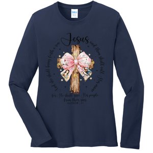 O Come Let Us Adore Him Nativity Scene Jesus Christmas Ladies Long Sleeve Shirt