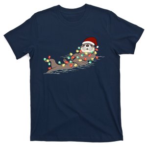 Otter Christmas Lights Santa Hat Funny Cute Cool Family Matching Trendy Top T-Shirt