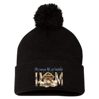 Oh Come Let Us Adore Him Nativity Scene Christmas Coquette Pom Pom 12in Knit Beanie
