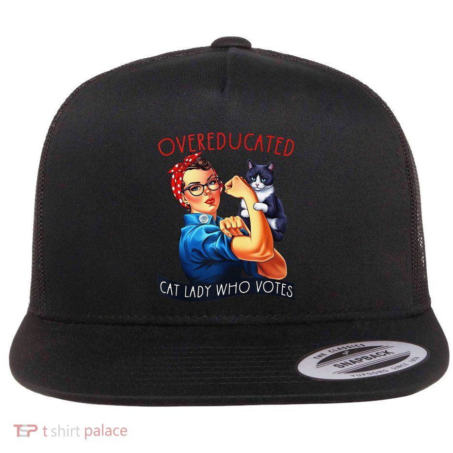 Overeducated Cat Lady Who Votes Rosie The Riveter Cat Lover Flat Bill Trucker Hat