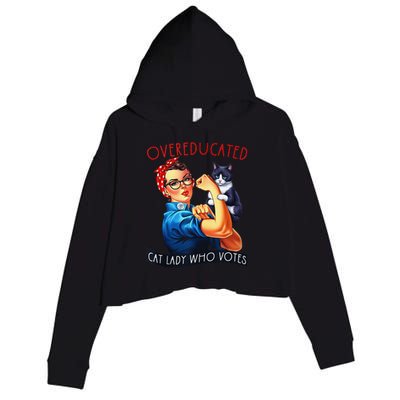 Overeducated Cat Lady Who Votes Rosie The Riveter Cat Lover Crop Fleece Hoodie