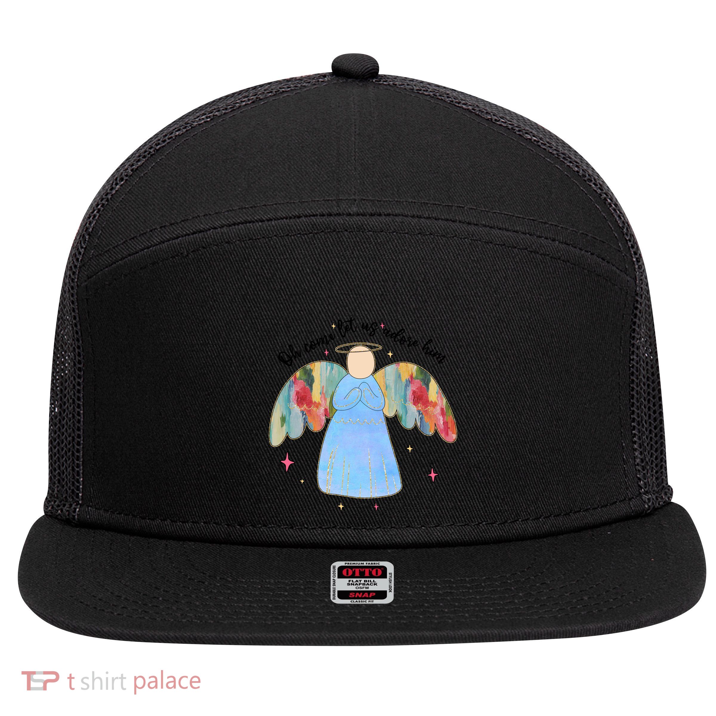 O Come Let Us Adore Him Christmas Holiday Season Angel 7 Panel Mesh Trucker Snapback Hat