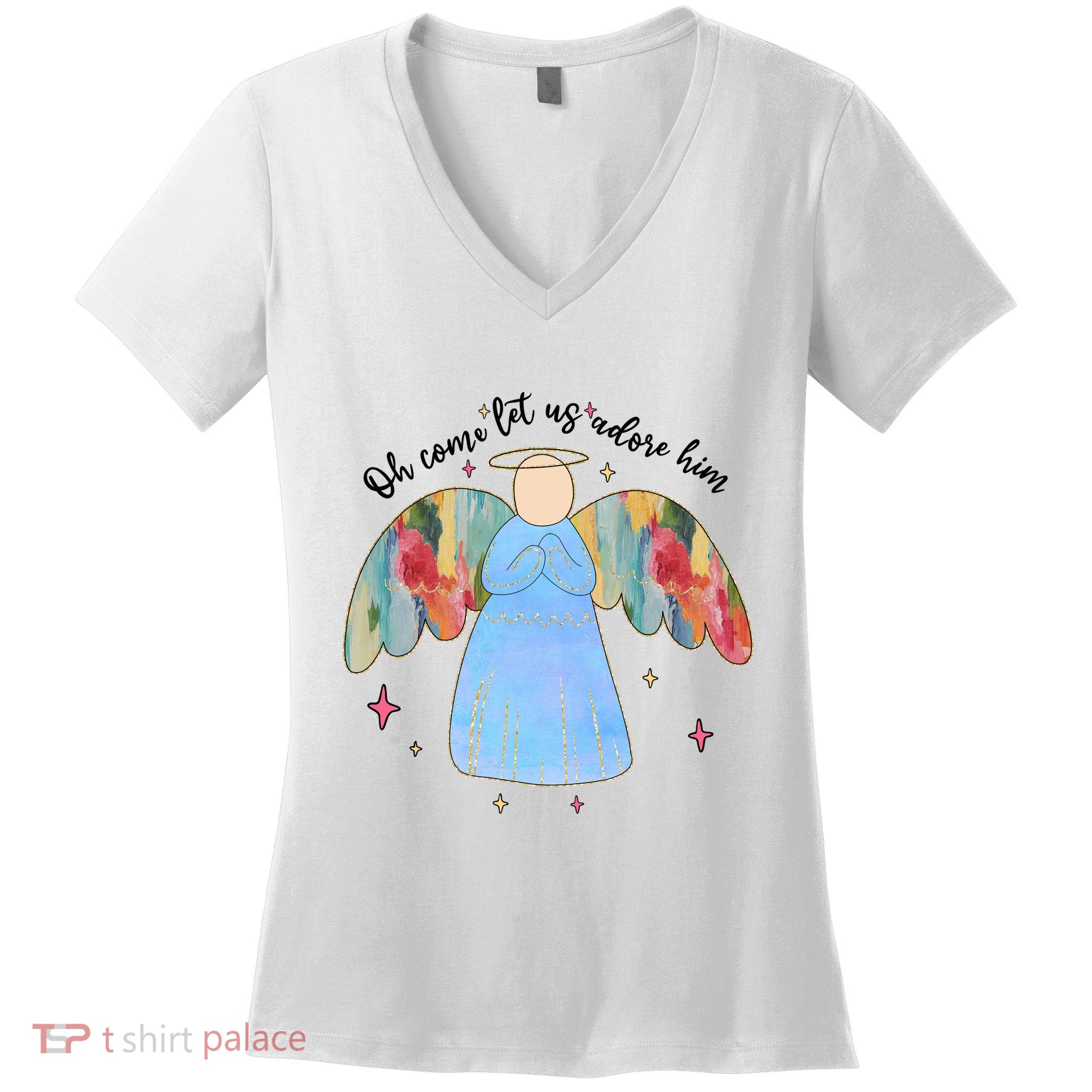 O Come Let Us Adore Him Christmas Holiday Season Angel Women's V-Neck T-Shirt