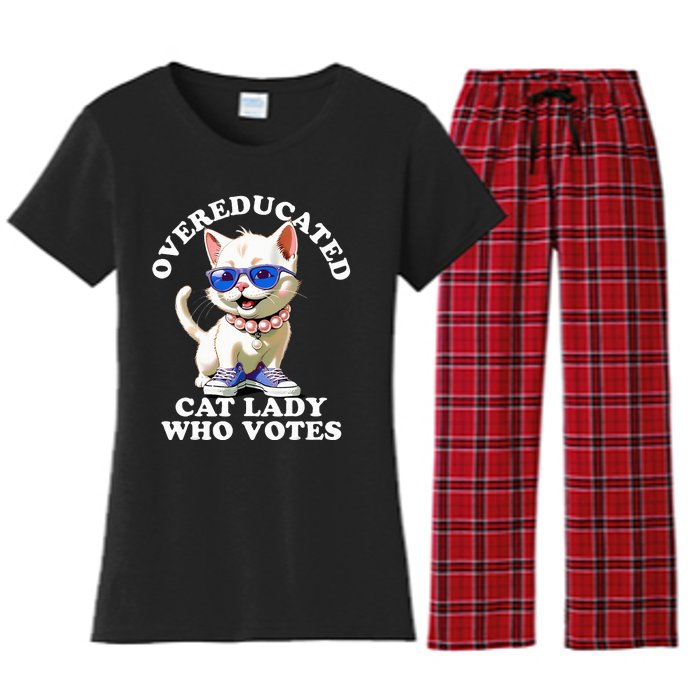 Overeducated Cat Lady Who Votes For Kamala Harris 2024 Funny Women's Flannel Pajama Set