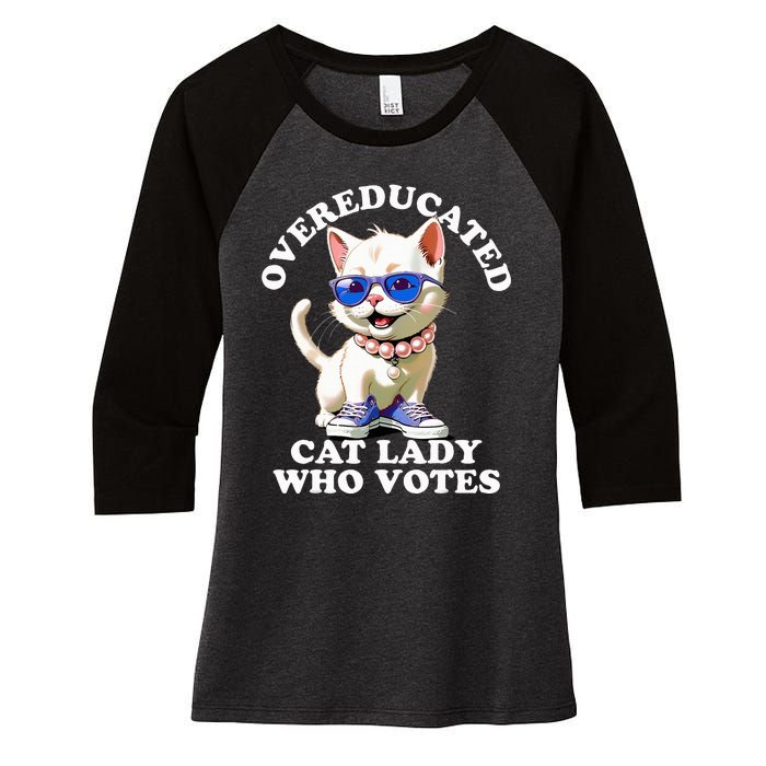 Overeducated Cat Lady Who Votes For Kamala Harris 2024 Funny Women's Tri-Blend 3/4-Sleeve Raglan Shirt