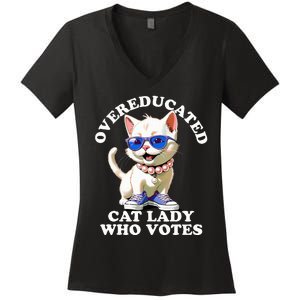 Overeducated Cat Lady Who Votes For Kamala Harris 2024 Funny Women's V-Neck T-Shirt