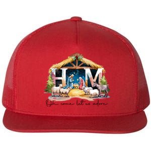 Oh Come Let Us Adore Him Jesus Christ Christmas Holiday Flat Bill Trucker Hat