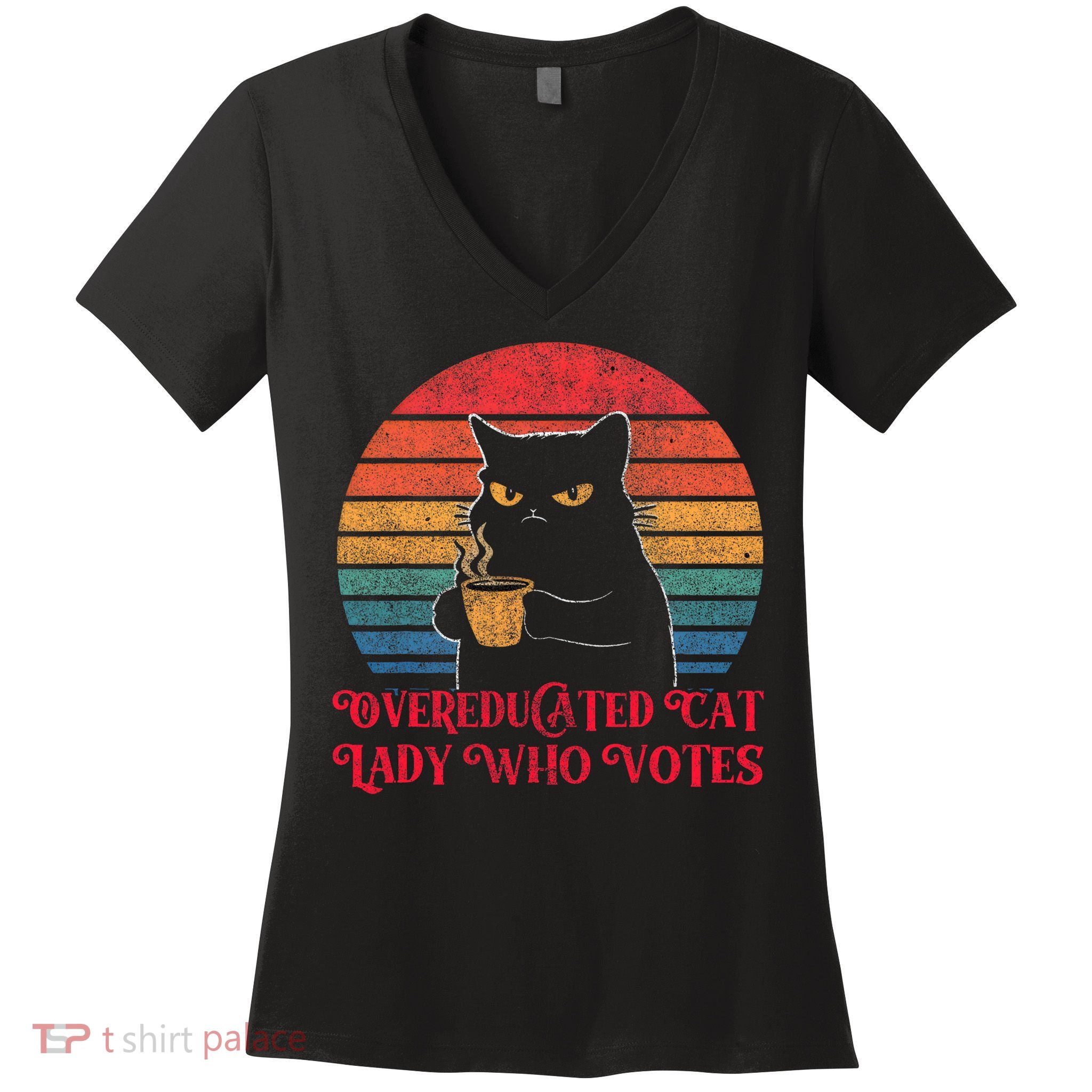 Overeducated Cat Lady Who Votes 2024 Election Vintage Cat Women's V-Neck T-Shirt