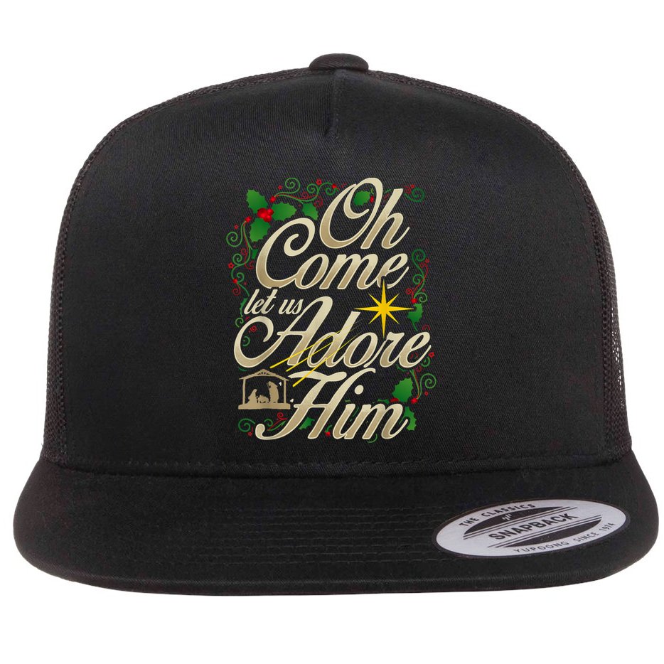 Oh Come Let Us Adore Him Nativity Christmas Religious Jesus Flat Bill Trucker Hat