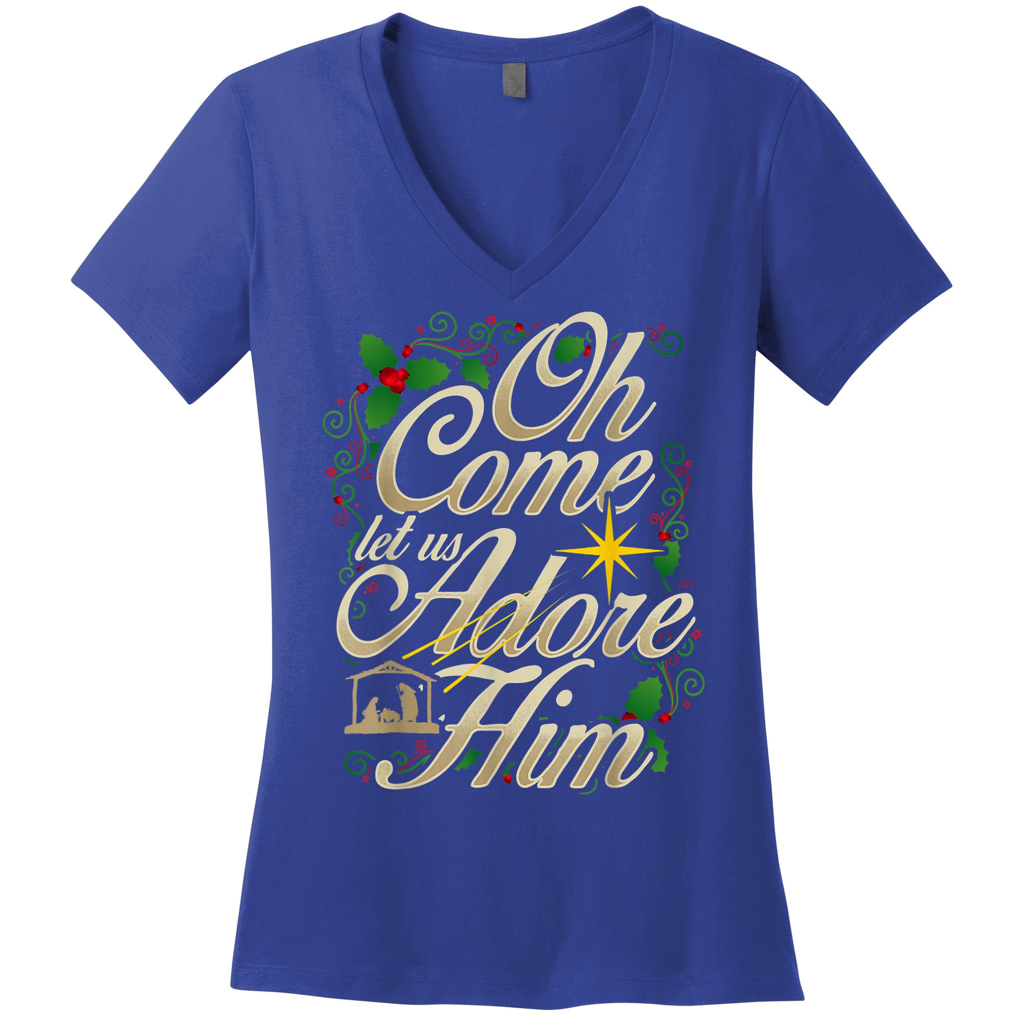Oh Come Let Us Adore Him Nativity Christmas Religious Jesus Women's V-Neck T-Shirt