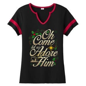 Oh Come Let Us Worship Him Christmas Nativity Scene Christmas Ladies Halftime Notch Neck Tee