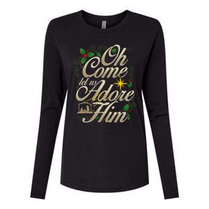 Oh Come Let Us Worship Him Christmas Nativity Scene Christmas Womens Cotton Relaxed Long Sleeve T-Shirt