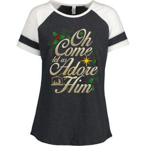 Oh Come Let Us Worship Him Christmas Nativity Scene Christmas Enza Ladies Jersey Colorblock Tee