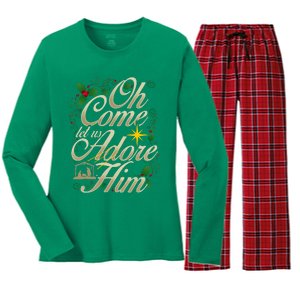 Oh Come Let Us Worship Him Christmas Nativity Scene Christmas Women's Long Sleeve Flannel Pajama Set 