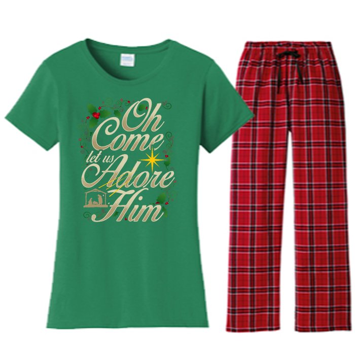 Oh Come Let Us Worship Him Christmas Nativity Scene Christmas Women's Flannel Pajama Set