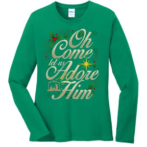 Oh Come Let Us Worship Him Christmas Nativity Scene Christmas Ladies Long Sleeve Shirt