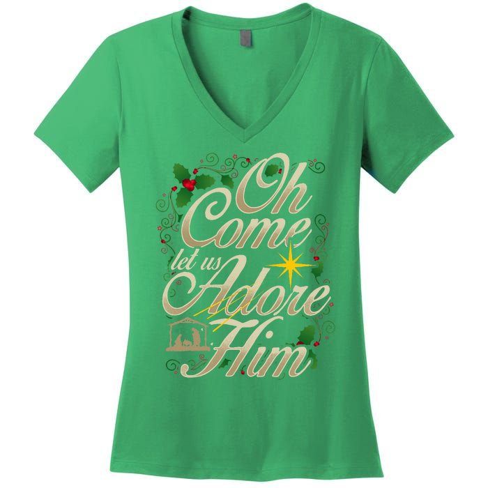 Oh Come Let Us Worship Him Christmas Nativity Scene Christmas Women's V-Neck T-Shirt