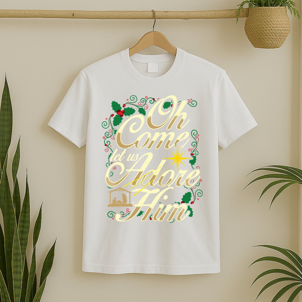 Oh Come Let Us Adore Him Nativity Christmas Religious Jesus T-Shirt