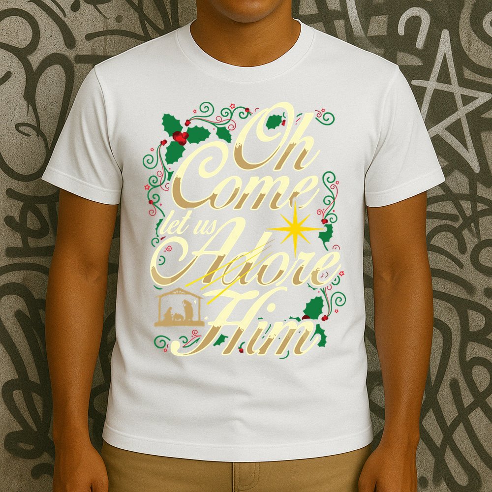 Oh Come Let Us Adore Him Nativity Christmas Religious Jesus T-Shirt
