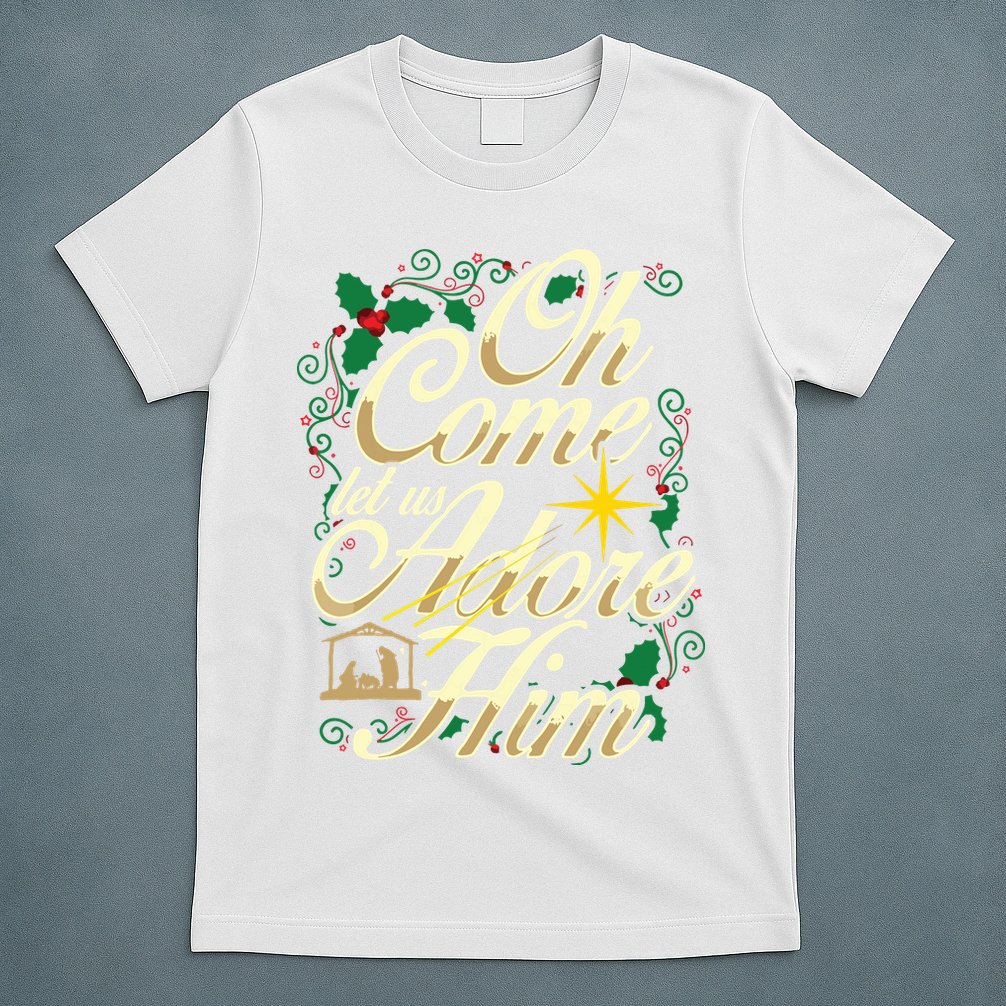 Oh Come Let Us Adore Him Nativity Christmas Religious Jesus T-Shirt