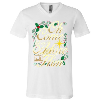 Oh Come Let Us Adore Him Nativity Christmas Religious Jesus V-Neck T-Shirt