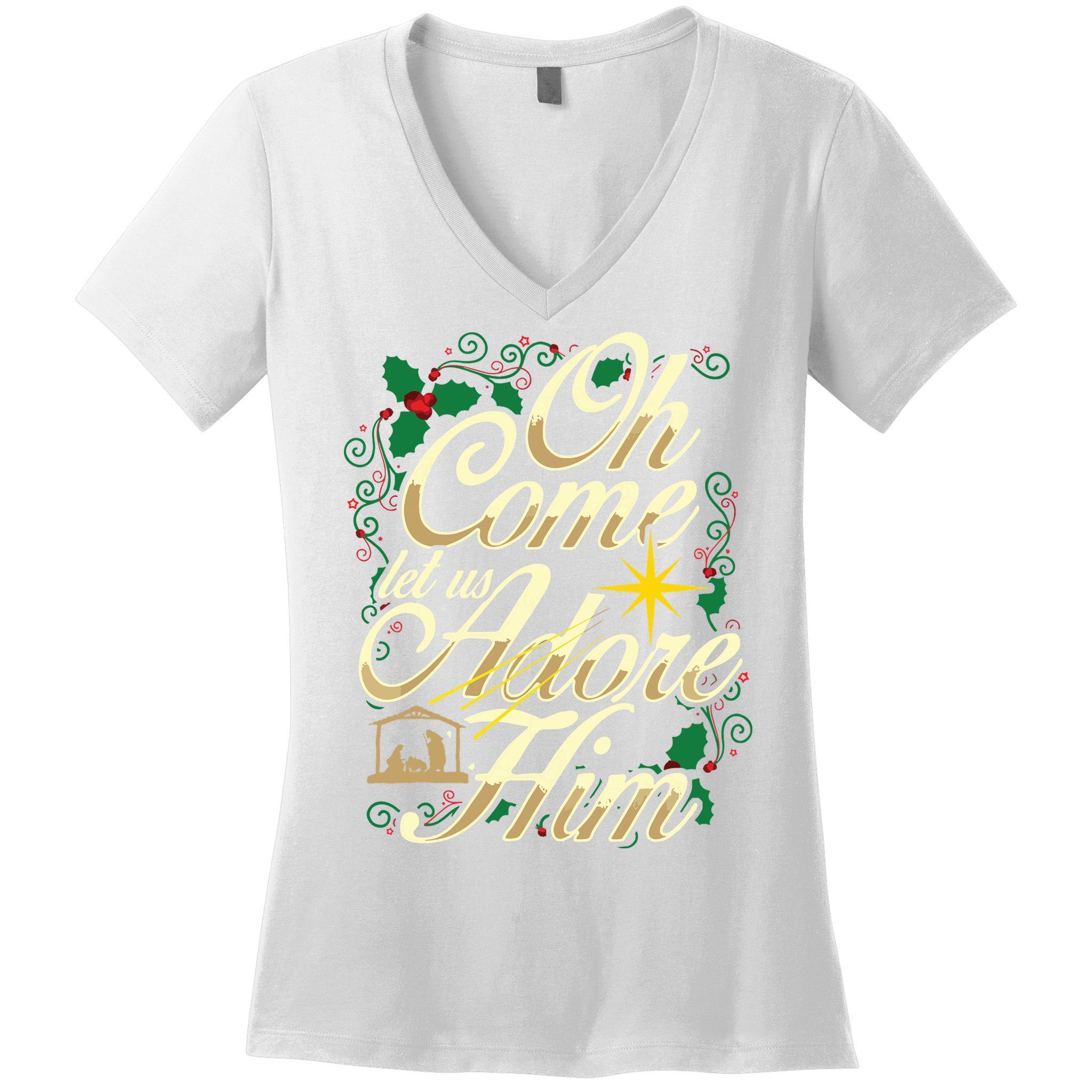 Oh Come Let Us Adore Him Nativity Christmas Religious Jesus Women's V-Neck T-Shirt