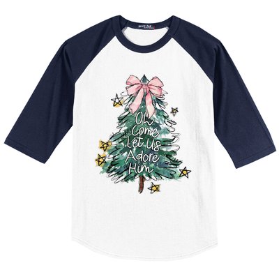 Oh Come Let Us Adore Him Christmas Xmas Tree Christian Jesus Baseball Sleeve Shirt