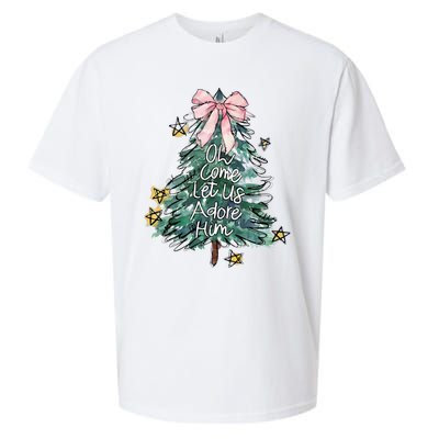 Oh Come Let Us Adore Him Christmas Xmas Tree Christian Jesus Sueded Cloud Jersey T-Shirt