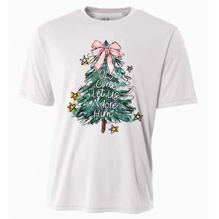 Oh Come Let Us Adore Him Christmas Xmas Tree Christian Jesus Cooling Performance Crew T-Shirt