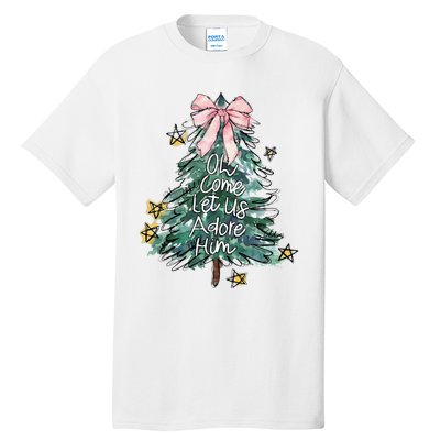 Oh Come Let Us Adore Him Christmas Xmas Tree Christian Jesus Tall T-Shirt