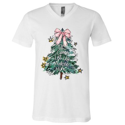 Oh Come Let Us Adore Him Christmas Xmas Tree Christian Jesus V-Neck T-Shirt