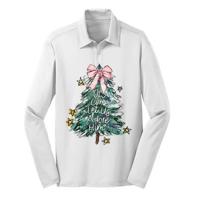 Oh Come Let Us Adore Him Christmas Xmas Tree Christian Jesus Silk Touch Performance Long Sleeve Polo