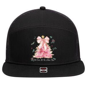 Oh Come Let Us Adore Him Coquette Bow Christmas Tree 7 Panel Mesh Trucker Snapback Hat