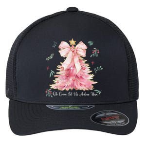 Oh Come Let Us Adore Him Coquette Bow Christmas Tree Flexfit Unipanel Trucker Cap