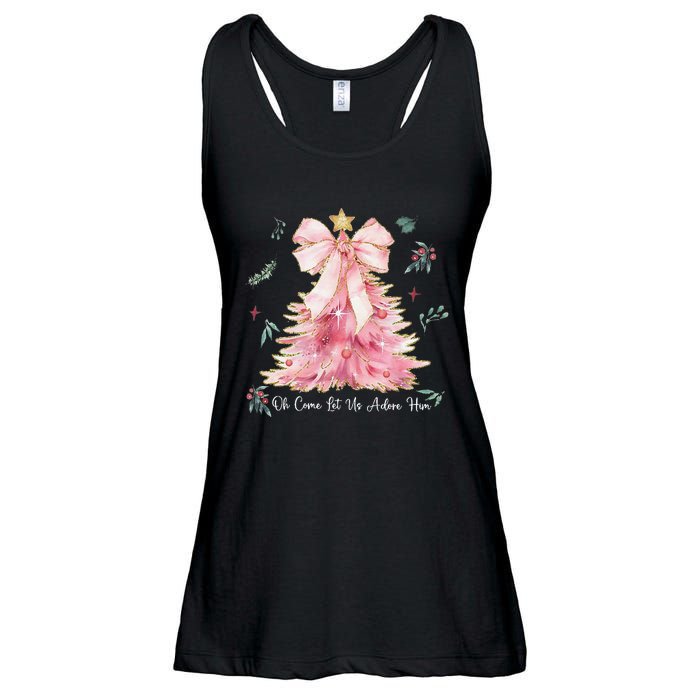 Oh Come Let Us Adore Him Coquette Bow Christmas Tree Ladies Essential Flowy Tank