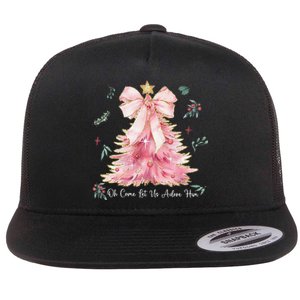 Oh Come Let Us Adore Him Coquette Bow Christmas Tree Flat Bill Trucker Hat