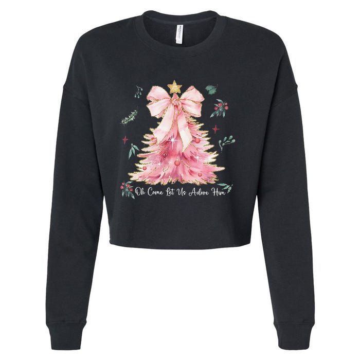 Oh Come Let Us Adore Him Coquette Bow Christmas Tree Cropped Pullover Crew