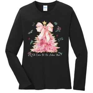 Oh Come Let Us Adore Him Coquette Bow Christmas Tree Ladies Long Sleeve Shirt